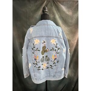 La Chapelle Denim Jacket Embroidered Cactus Bird Distressed Women's